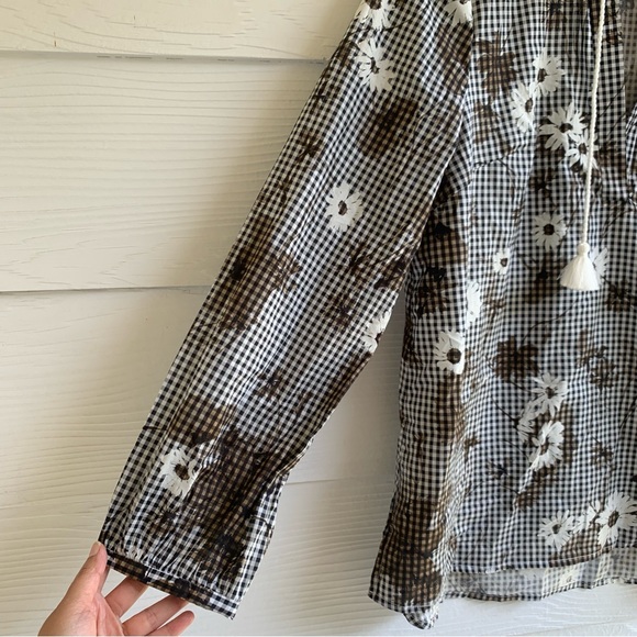 Pearl by Lela Rose Gingham floral voile tunic top tasseled long sleeve V-neck - Picture 7 of 13